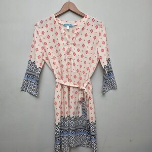 Dina.be Ivory Red Geometric Print Belted Dress Medium Boho Festival USA